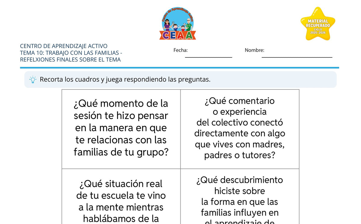 Vista parcial del juego para imprimir 4: Reflexiones finales sobre el tema — Trabajo con las familias (Material recuperado 25/26)