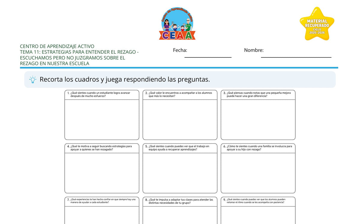Vista parcial del juego para imprimir 1: Escuchamos pero no juzgamos sobre el rezago en nuestra escuela — Estrategias para atender el rezago (Material recuperado 25/26)