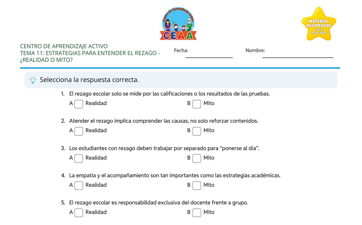 Vista parcial del juego para imprimir 2: ¿Realidad o mito? — Estrategias para atender el rezago (Material recuperado 25/26)