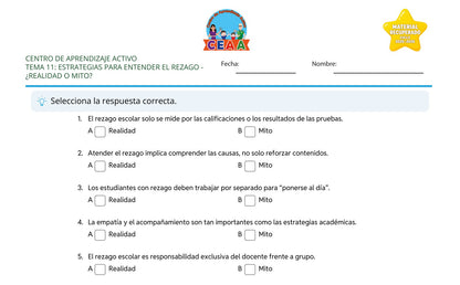 Vista parcial del juego para imprimir 2: ¿Realidad o mito? — Estrategias para atender el rezago (Material recuperado 25/26)