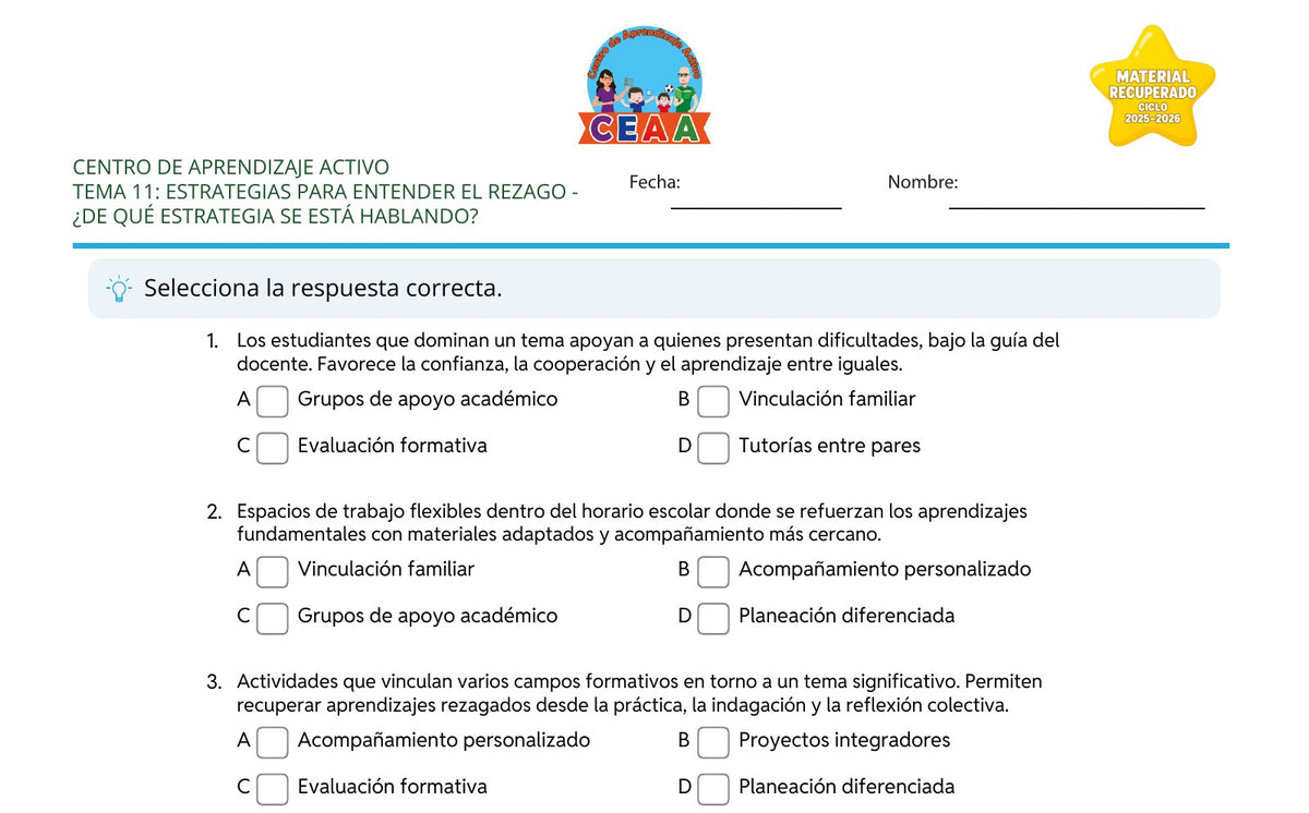 Vista parcial del juego para imprimir 3: ¿De qué estrategia se está hablando? — Estrategias para atender el rezago (Material recuperado 25/26)