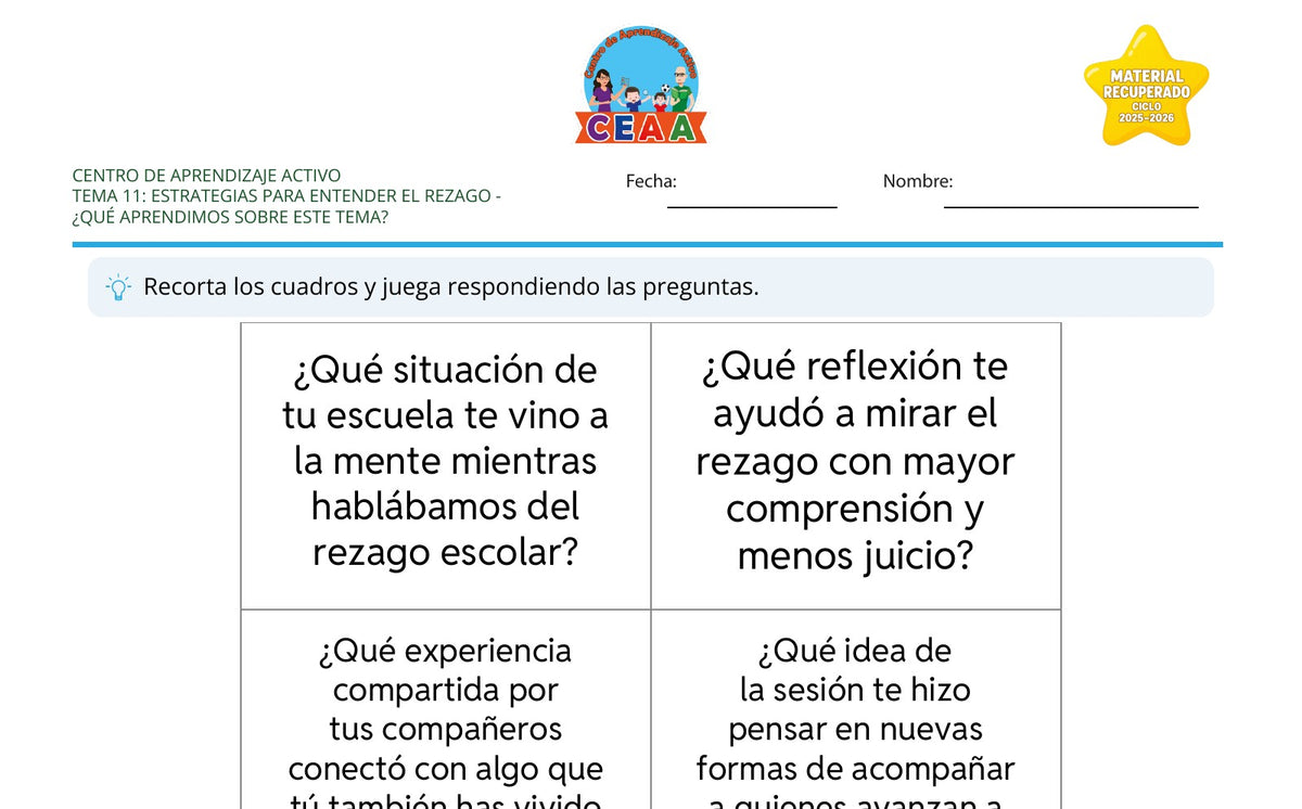 Vista parcial del juego para imprimir 4: ¿Qué aprendimos sobre este tema? — Estrategias para atender el rezago (Material recuperado 25/26)
