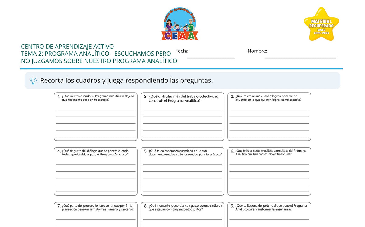 Vista parcial del juego para imprimir 1: Escuchamos pero no juzgamos sobre nuestro programa analítico — Programa analítico (Material recuperado 25/26)