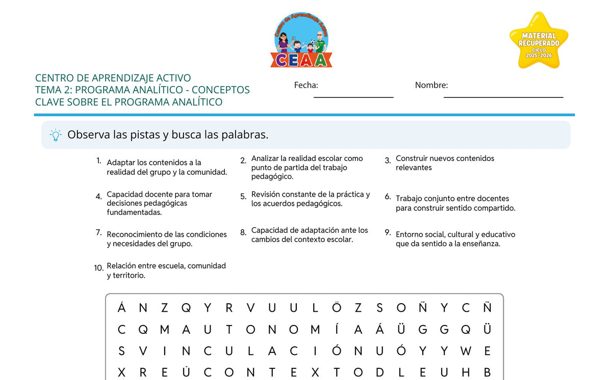 Vista parcial del juego para imprimir 3: Conceptos clave sobre el programa analítico — Programa analítico (Material recuperado 25/26)