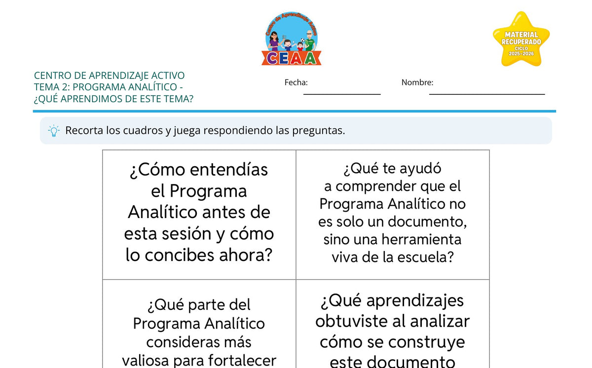 Vista parcial del juego para imprimir 4: ¿Qué aprendimos de este tema? — Programa analítico (Material recuperado 25/26)