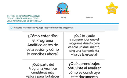Vista parcial del juego para imprimir 4: ¿Qué aprendimos de este tema? — Programa analítico (Material recuperado 25/26)
