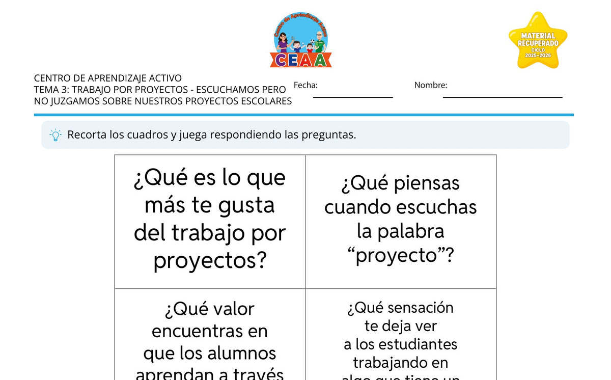 Vista parcial del juego para imprimir 1: Escuchamos pero no juzgamos sobre nuestros proyectos escolares — Trabajo por proyectos (Material recuperado 25/26)