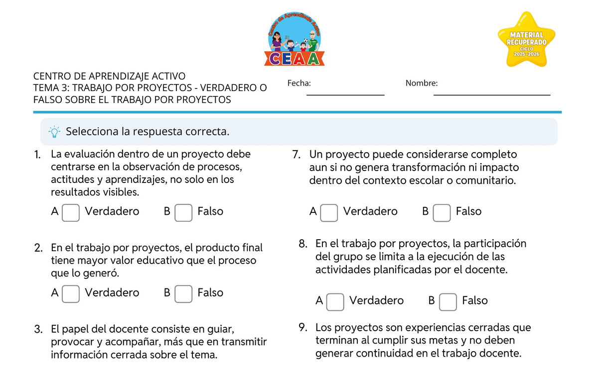 Vista parcial del juego para imprimir 2: Verdadero o falso sobre el trabajo por proyectos — Trabajo por proyectos (Material recuperado 25/26)