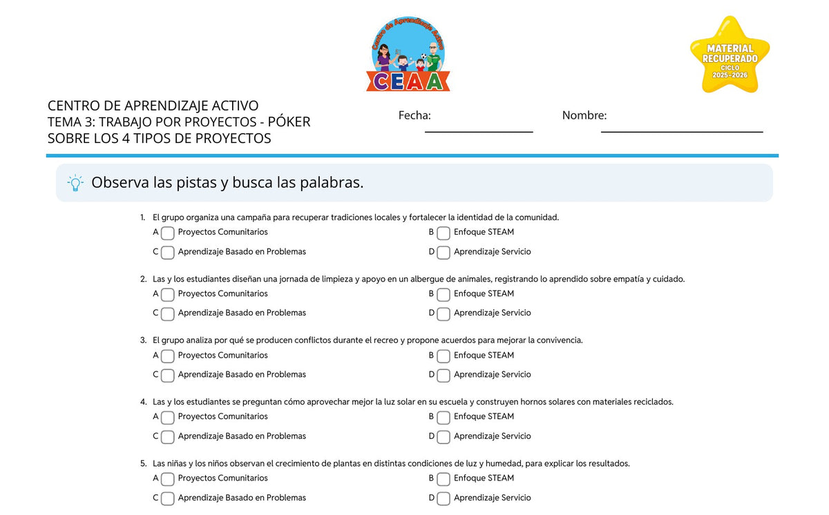 Vista parcial del juego para imprimir 3: Póker sobre los 4 tipos de proyectos — Trabajo por proyectos (Material recuperado 25/26)