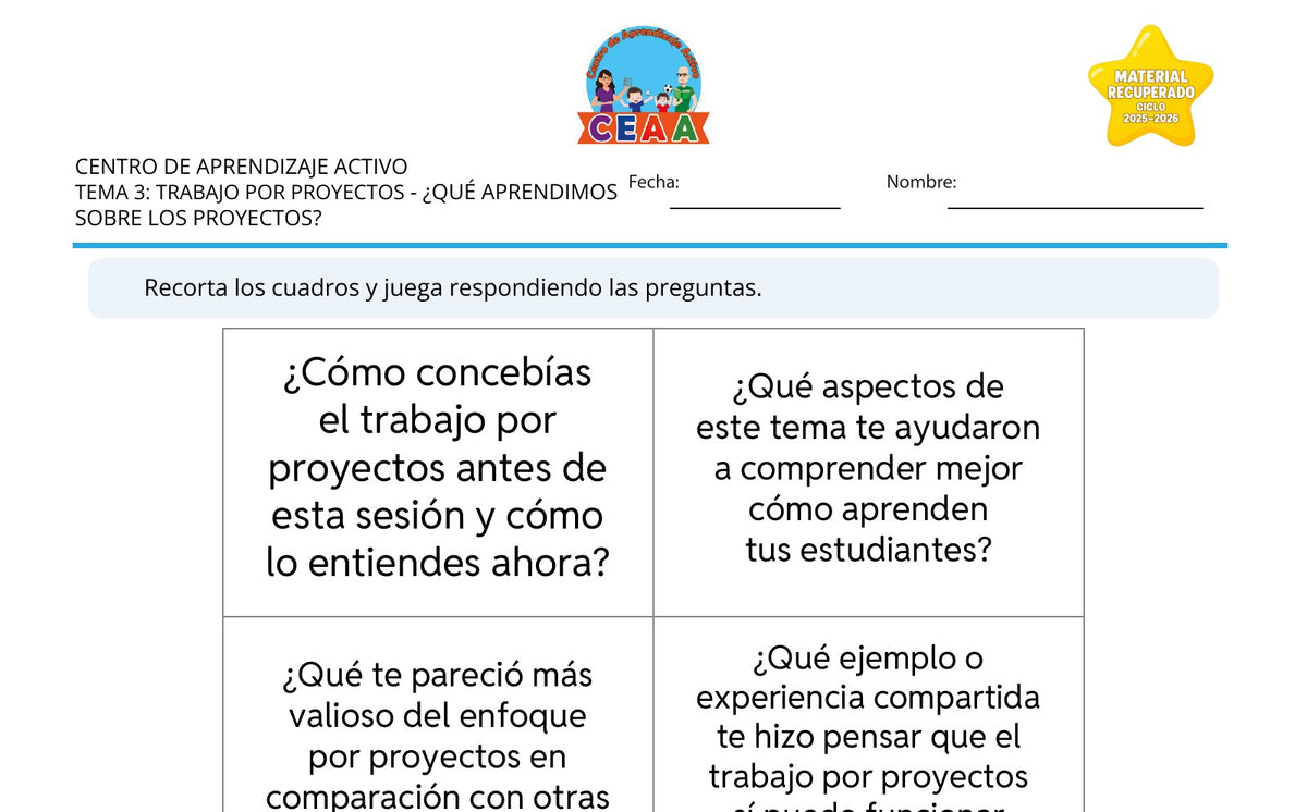 Vista parcial del juego para imprimir 4: ¿Qué aprendimos sobre los proyectos? — Trabajo por proyectos (Material recuperado 25/26)