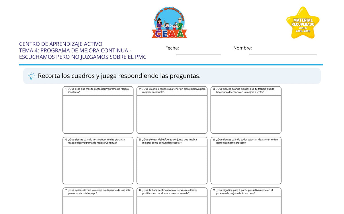 Vista parcial del juego para imprimir 1: Escuchamos pero no juzgamos sobre el PMC — Programa de mejora continua (Material recuperado 25/26)