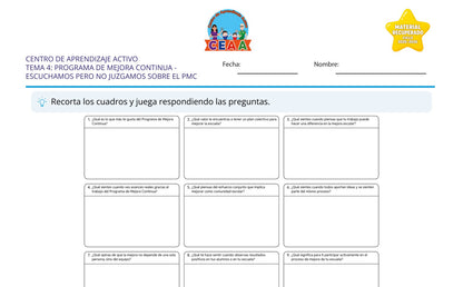 Vista parcial del juego para imprimir 1: Escuchamos pero no juzgamos sobre el PMC — Programa de mejora continua (Material recuperado 25/26)