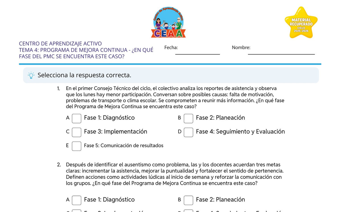 Vista parcial del juego para imprimir 2: ¿En qué fase del PMC se encuentra este caso? — Programa de mejora continua (Material recuperado 25/26)