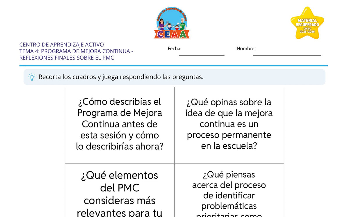 Vista parcial del juego para imprimir 4: Reflexiones finales sobre el PMC — Programa de mejora continua (Material recuperado 25/26)