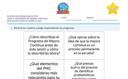 Vista parcial del juego para imprimir 4: Reflexiones finales sobre el PMC — Programa de mejora continua (Material recuperado 25/26)
