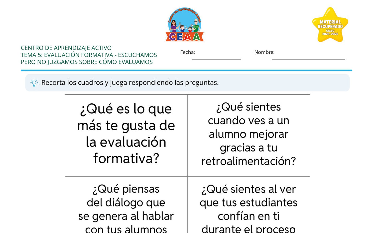 Vista parcial del juego para imprimir 1: Escuchamos pero no juzgamos sobre cómo evaluamos — Evaluación formativa (Material recuperado 25/26)