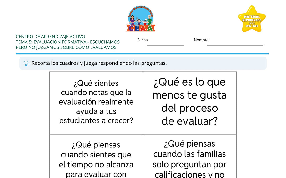 Vista parcial del juego para imprimir 1: Escuchamos pero no juzgamos sobre cómo evaluamos — Evaluación formativa (Material recuperado 25/26)
