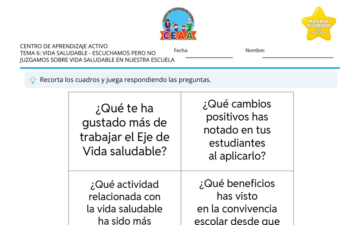 Vista parcial del juego para imprimir 1: Escuchamos pero no juzgamos sobre vida saludable en nuestra escuela — Vida saludable (Material recuperado 25/26)