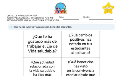 Vista parcial del juego para imprimir 1: Escuchamos pero no juzgamos sobre vida saludable en nuestra escuela — Vida saludable (Material recuperado 25/26)