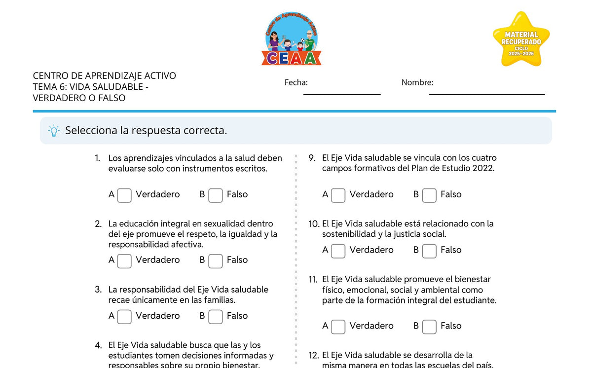 Vista parcial del juego para imprimir 2: Verdadero o falso — Vida saludable (Material recuperado 25/26)