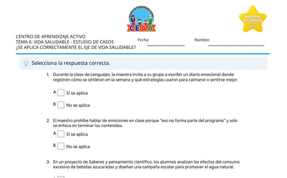 Vista parcial del juego para imprimir 3: Estudio de casos: ¿Se aplica correctamente el eje de vida saludable? — Vida saludable (Material recuperado 25/26)