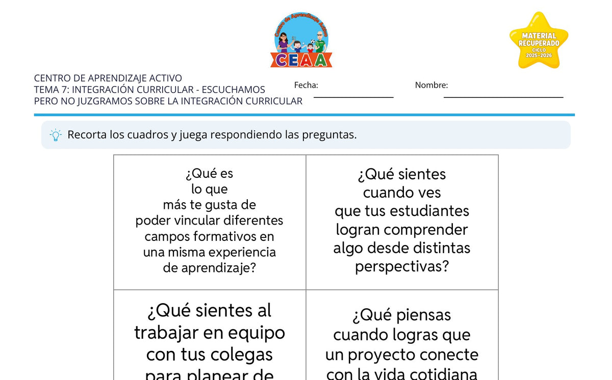 Vista parcial del juego para imprimir 1: Escuchamos pero no juzgamos sobre la integración curricular — Integración curricular (Material recuperado 25/26)