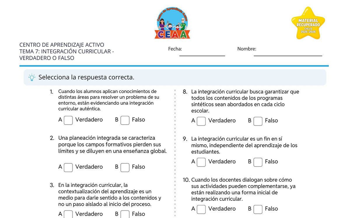 Vista parcial del juego para imprimir 2: Verdadero o falso — Integración curricular (Material recuperado 25/26)