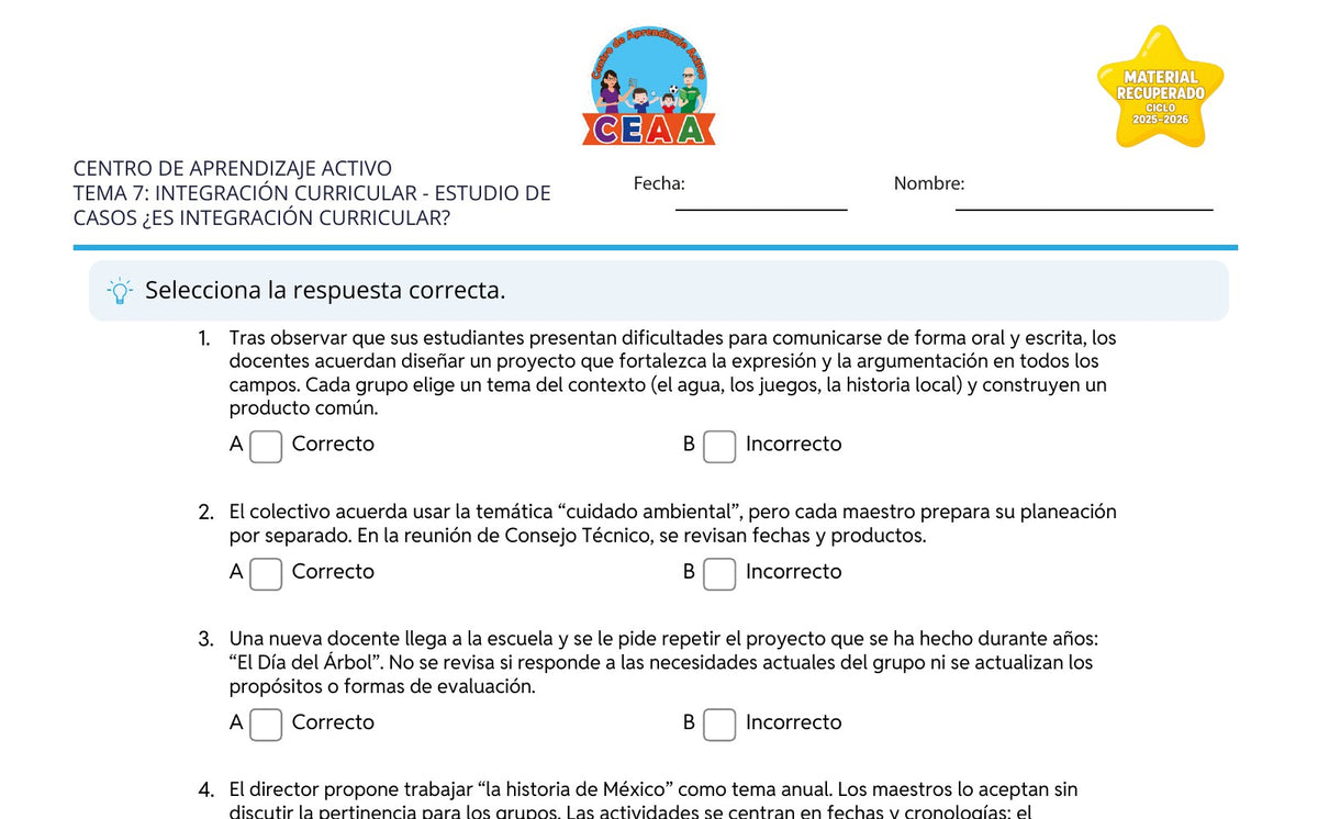 Vista parcial del juego para imprimir 3: Estudio de casos: ¿Es integración curricular? — Integración curricular (Material recuperado 25/26)