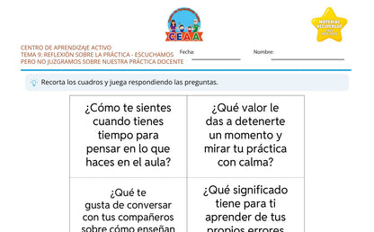 Vista parcial del juego para imprimir 1: Escuchamos pero no juzgamos sobre nuestra práctica docente — Reflexión sobre la práctica (Material recuperado 25/26)