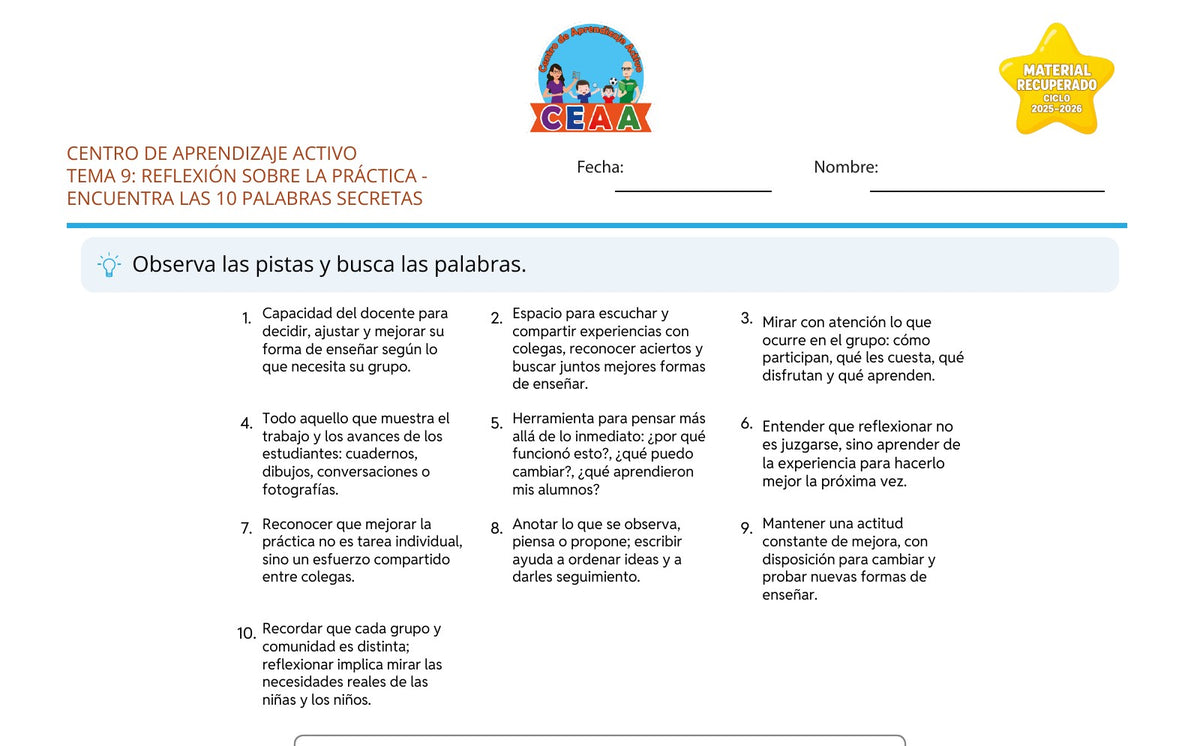 Vista parcial del juego para imprimir 2: Encuentra las 10 palabras secretas — Reflexión sobre la práctica (Material recuperado 25/26)