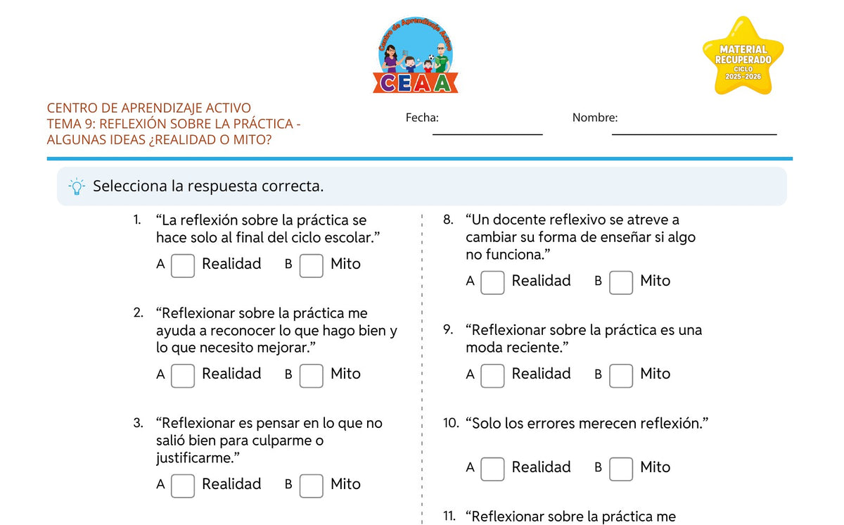 Vista parcial del juego para imprimir 3: Algunas ideas: ¿Realidad o mito? — Reflexión sobre la práctica (Material recuperado 25/26)
