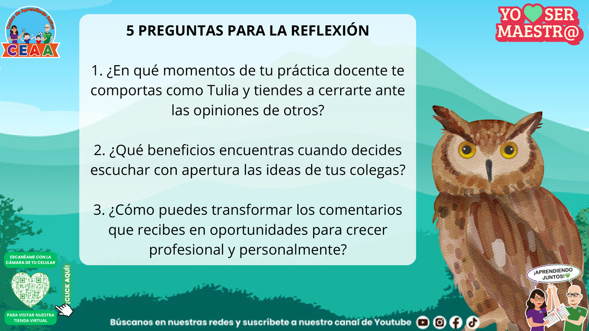Preguntas de reflexión sobre escucha, opiniones de colegas y crecimiento docente