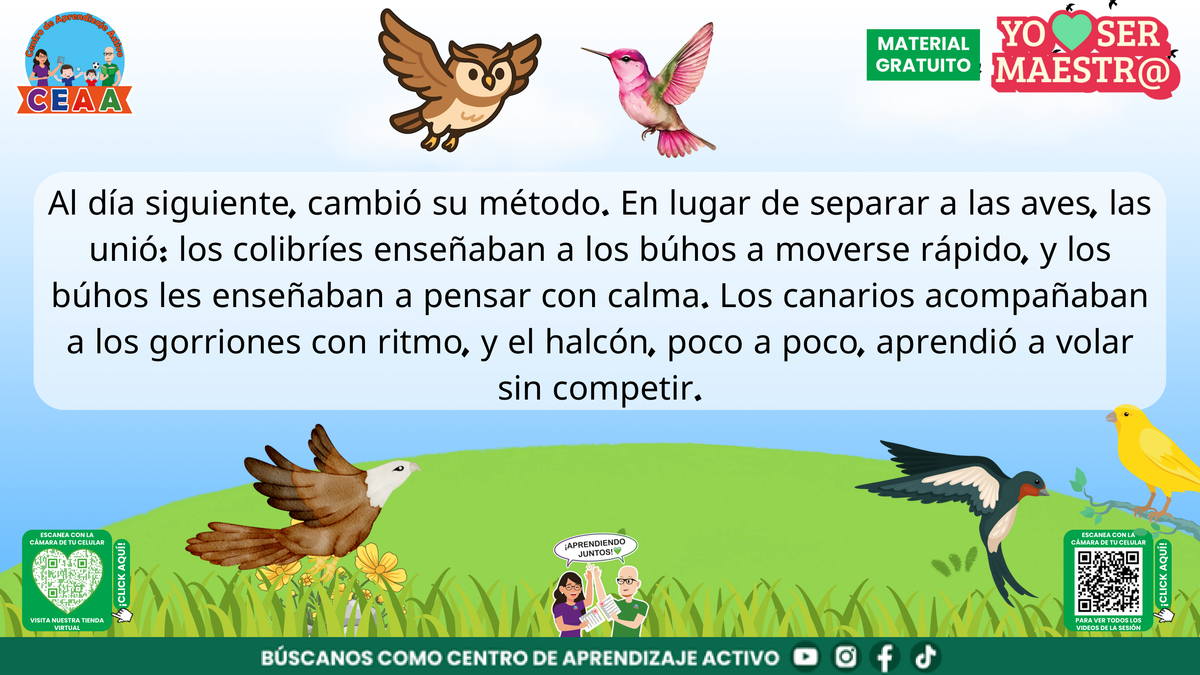La maestra Olivia organiza el aprendizaje compartido entre las aves del grupo