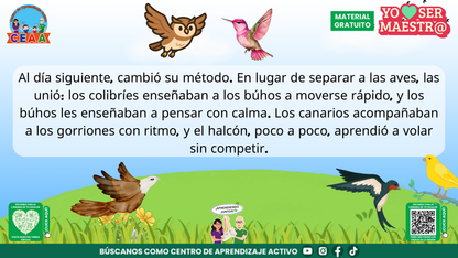 La maestra Olivia organiza el aprendizaje compartido entre las aves del grupo