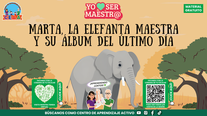 Portada de Marta, la elefanta maestra y su álbum del último día, historia reflexiva para docentes de CEAA.