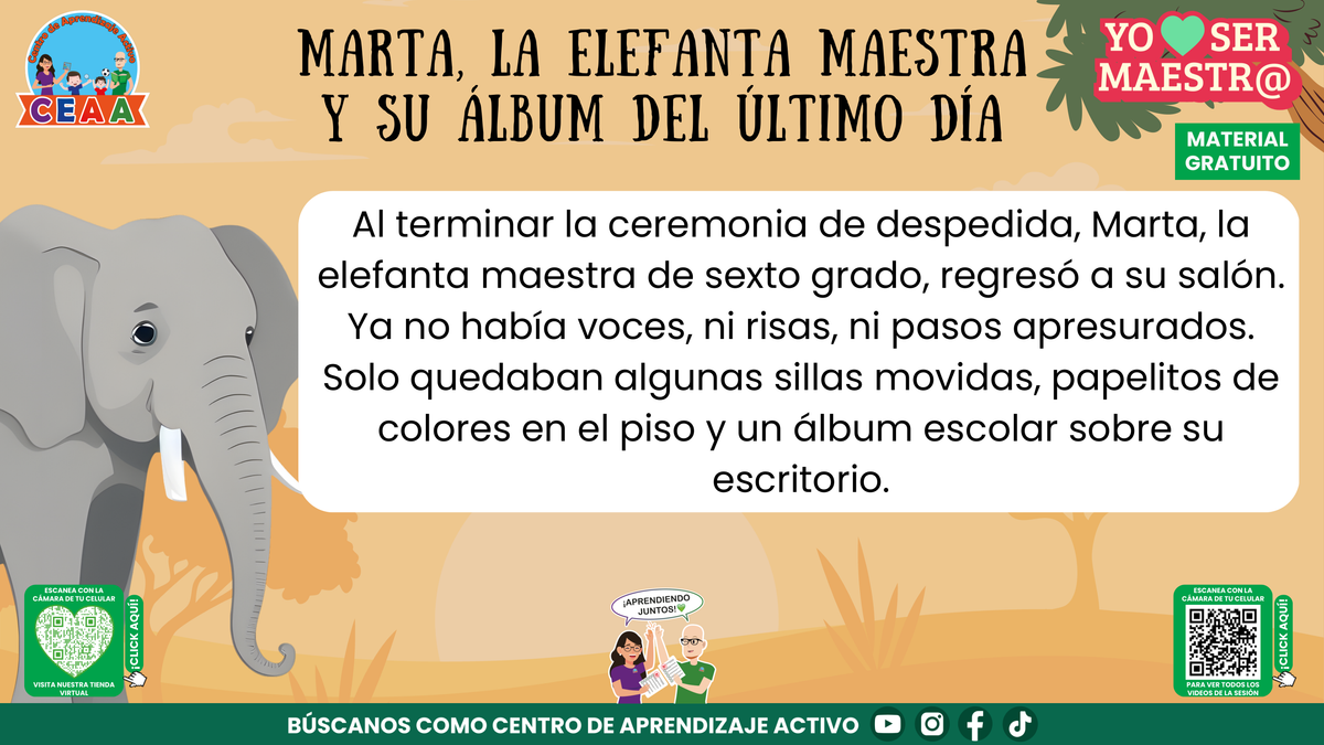 Inicio de la historia: la maestra Marta vuelve al salón después de despedir a su grupo y encuentra un álbum escolar.