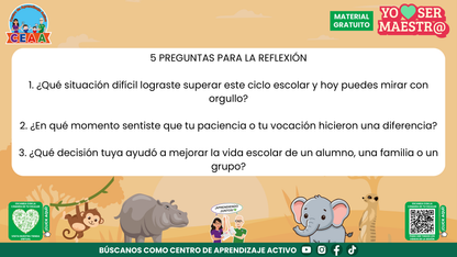 Muestra de las preguntas de reflexión docente sobre retos superados, vocación y decisiones que hicieron una diferencia.
