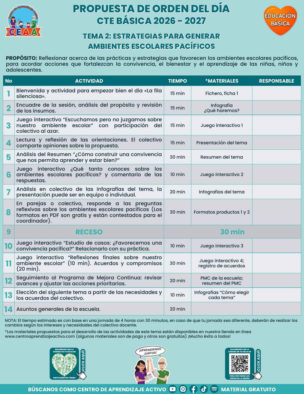 Propuesta de orden del día en PDF gratuito, CTE 2026-2027, Básica tema 2: Ambientes escolares pacíficos.