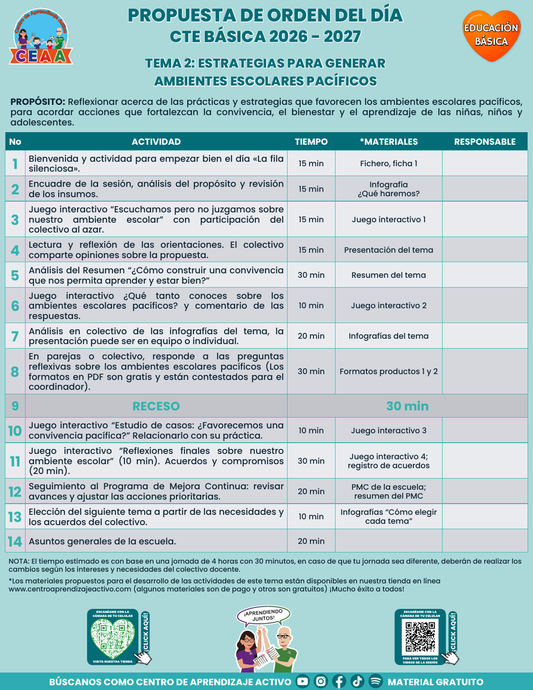 Propuesta de orden del día en PDF gratuito, CTE 2026-2027, Básica tema 2: Ambientes escolares pacíficos.
