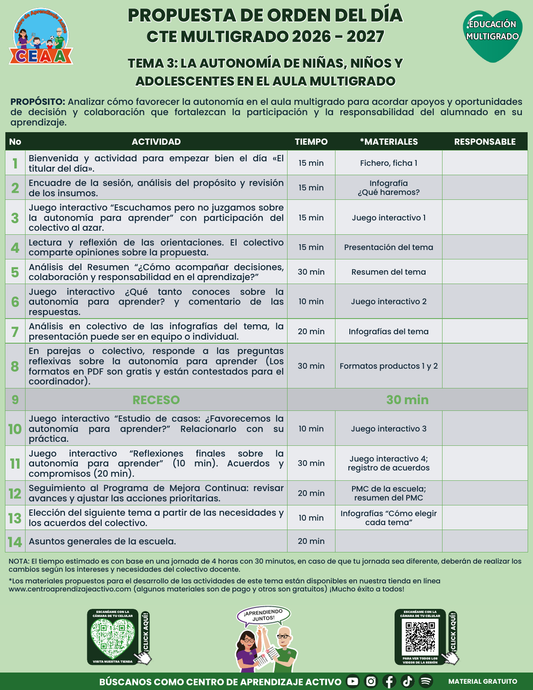 Propuesta de orden del día en PDF gratuito, CTE 2026-2027, Multigrado tema 3: Autonomía para aprender.