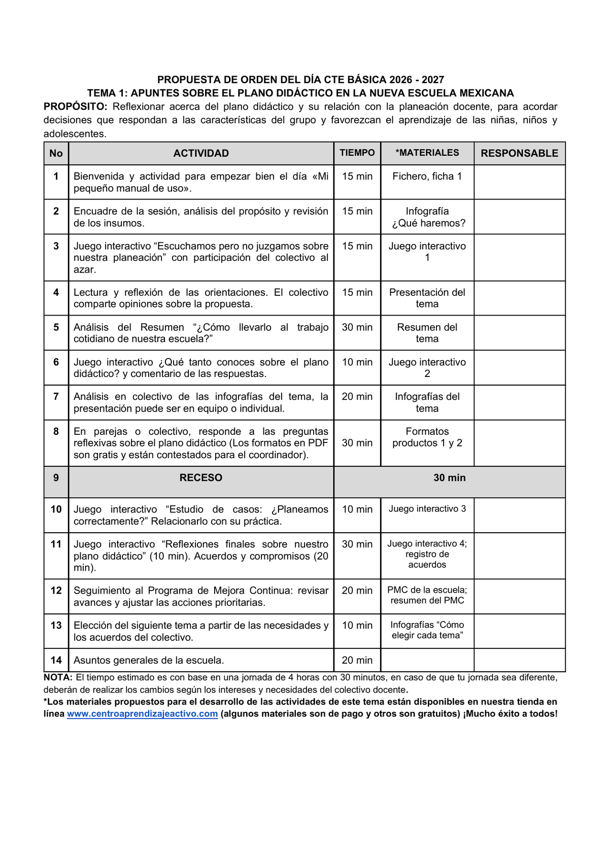 Vista previa de la propuesta de orden del día CTE 2026-2027 en Word editable: Plano didáctico, Básica, tema 1.