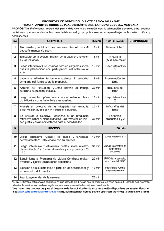 Vista previa de la propuesta de orden del día CTE 2026-2027 en Word editable: Plano didáctico, Básica, tema 1.
