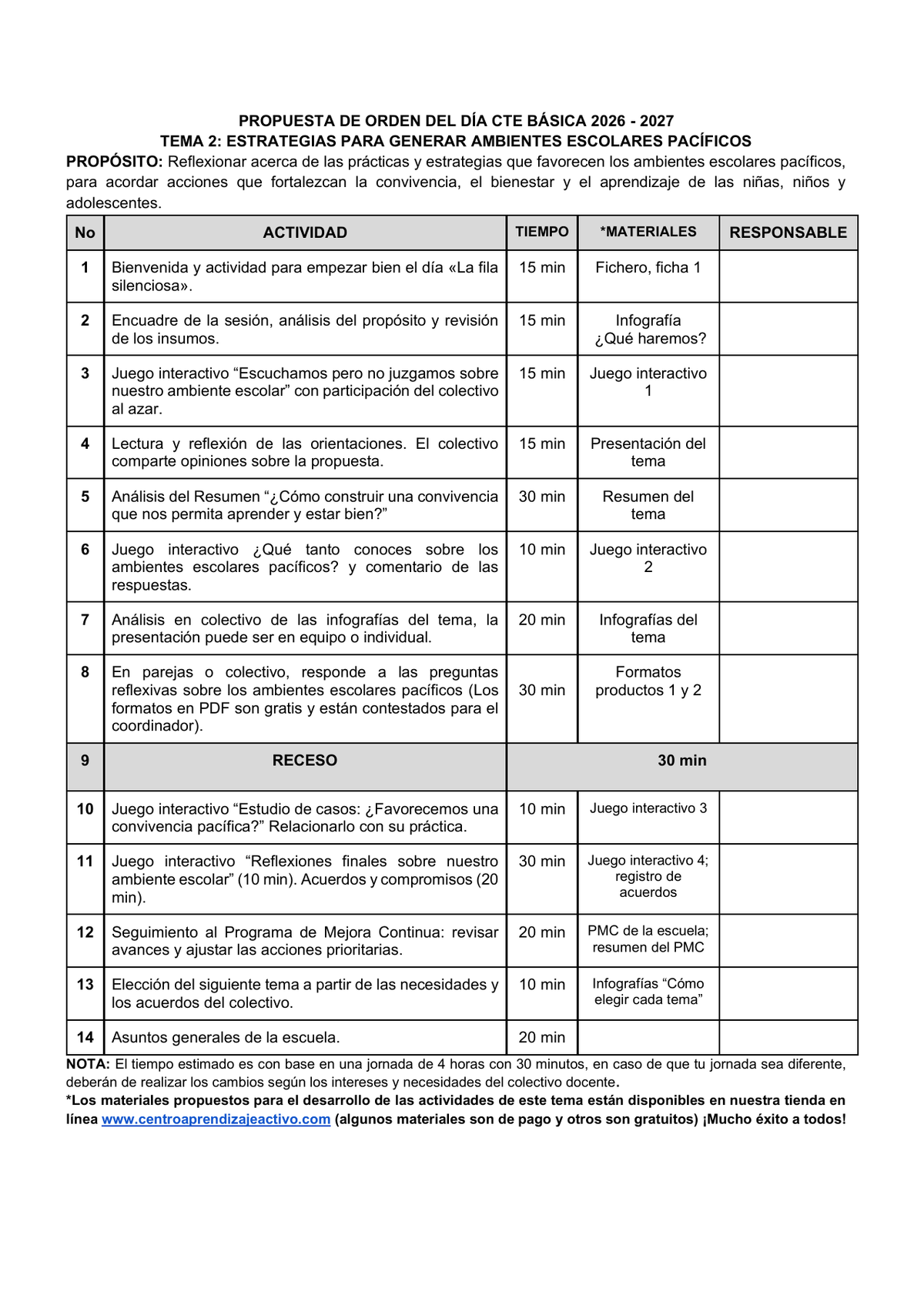 Vista previa de la propuesta de orden del día CTE 2026-2027 en Word editable: Ambientes escolares pacíficos, Básica, tema 2.