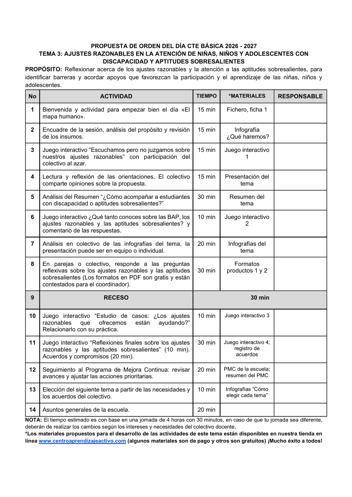 Vista previa de la propuesta de orden del día CTE 2026-2027 en Word editable: Ajustes razonables, Básica, tema 3.