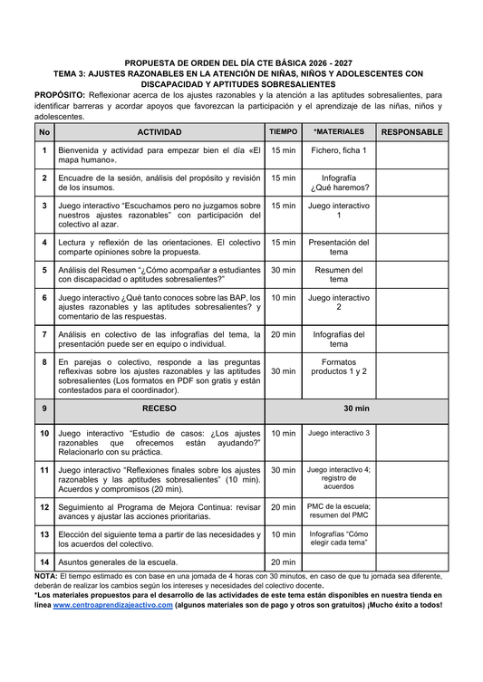 Vista previa de la propuesta de orden del día CTE 2026-2027 en Word editable: Ajustes razonables, Básica, tema 3.