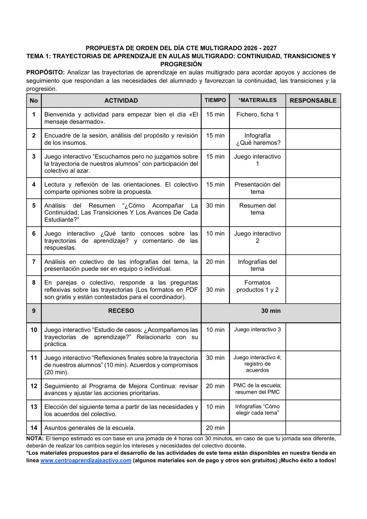 Vista previa de la propuesta de orden del día CTE 2026-2027 en Word editable: Trayectorias de aprendizaje, Multigrado, tema 1.
