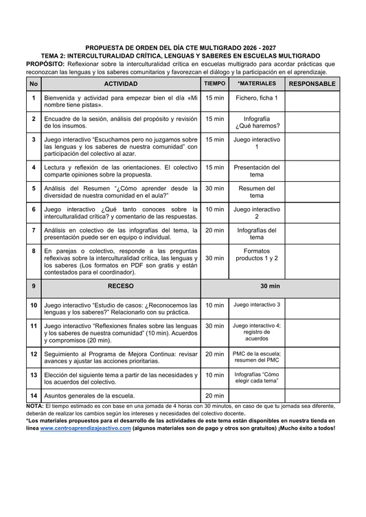 Vista previa de la propuesta de orden del día CTE 2026-2027 en Word editable: Interculturalidad crítica, Multigrado, tema 2.