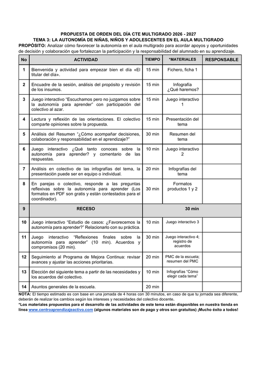 Vista previa de la propuesta de orden del día CTE 2026-2027 en Word editable: Autonomía para aprender, Multigrado, tema 3.