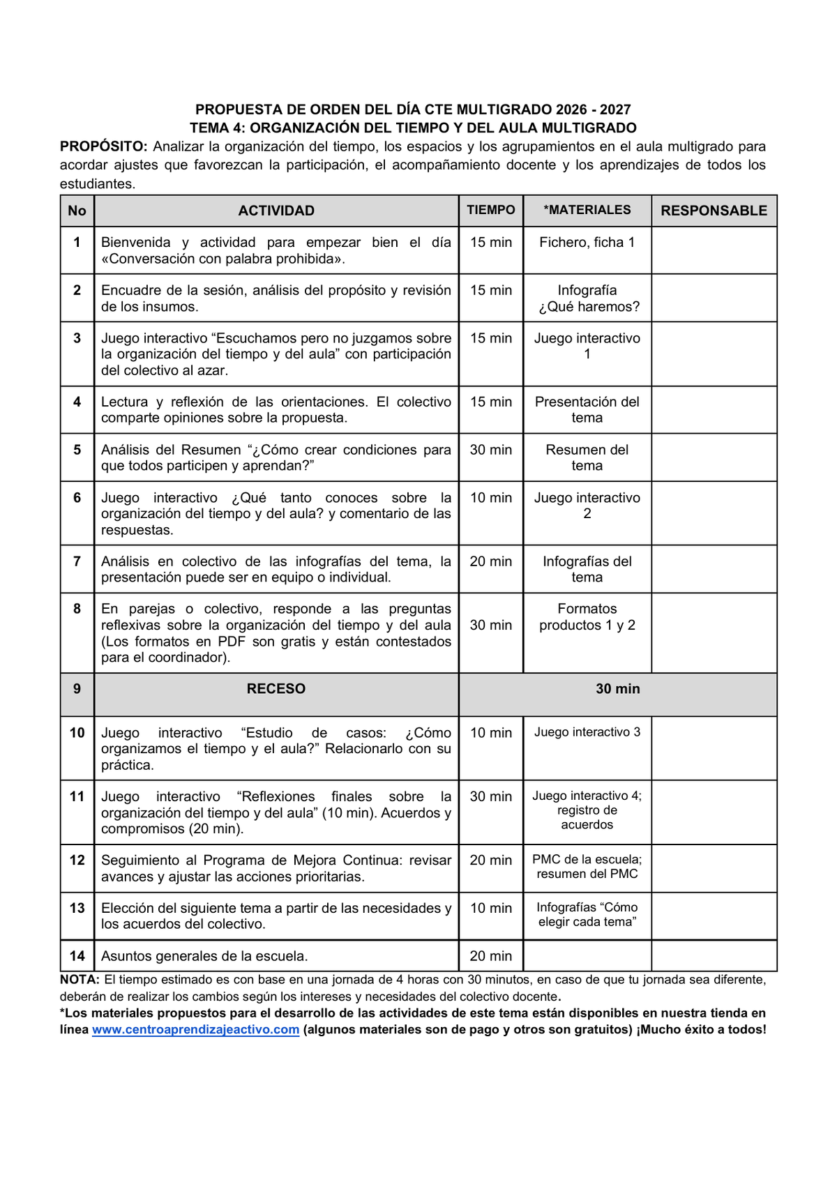 Vista previa de la propuesta de orden del día CTE 2026-2027 en Word editable: Organización del tiempo y del aula, Multigrado, tema 4.