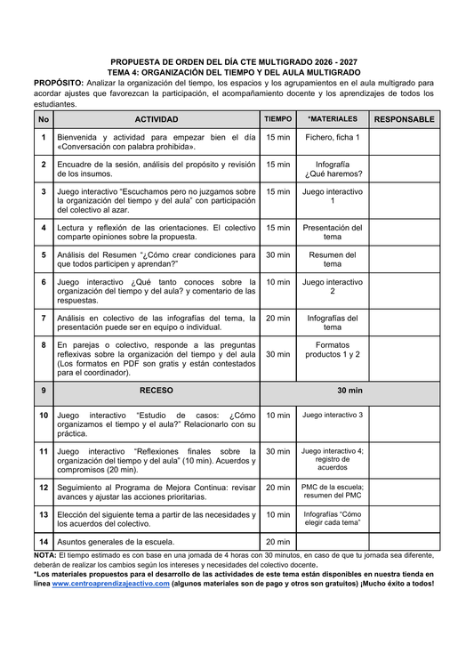 Vista previa de la propuesta de orden del día CTE 2026-2027 en Word editable: Organización del tiempo y del aula, Multigrado, tema 4.